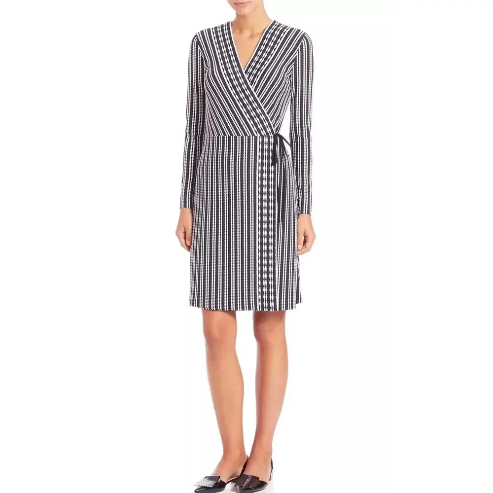 B44 Tory Burch Long Sleeve Jacquard Wrap Dress XS Navy Oxford Stripe Work Career